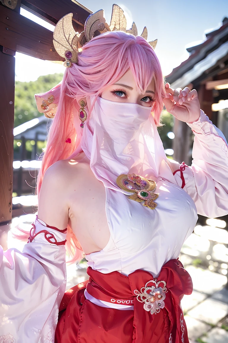 (Extreme Detail CG Unity 8K wallpaper, masterpiece, highest quality), Extremely cute, (Realistic:1.6), RAW photo from above, (ulzzang-6500-v1.1:0.4) 1girl, kpop idol, yae miko, detached sleeves, pink hair, long hair, best quality, (photorealistic:1.2), (hair ornament:1.35), jewelry, wearing face veil, (white face veil, silk mask veil:1.2), purple eyes, earrings, (large round breasts, big breasts: 1.2), torii, cherry blossoms, lantern light, depth of field, detailed face, face focus, (looking at viewer:1.25), shiny skin, long sleeves, game cg, thighhighs, east asian architecture, blurry background, full body, sexy beauty pose, perfect anatomy, (Show the armpits, open the inseam quite wide),