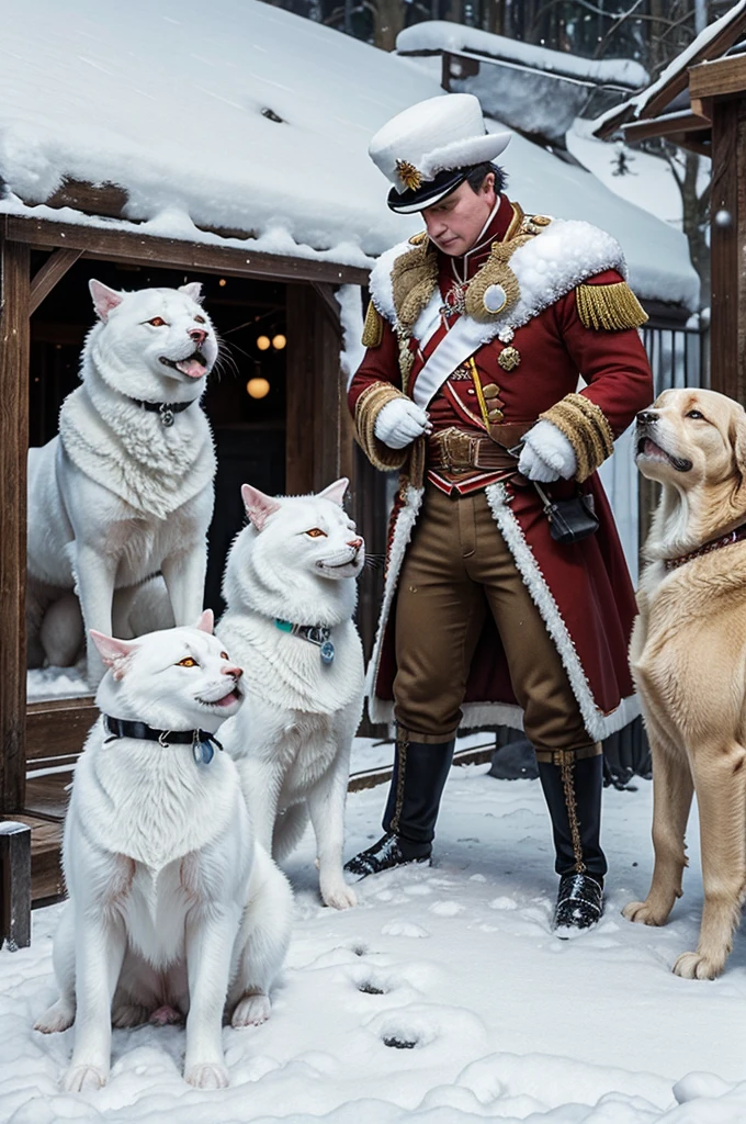 A tense moment between Snowball and Napoleon during a heated debate in front of the assembled animals. Snowball passionately presents his plans for defense and technology, while Napoleon scowls, surrounded by his loyal guard dogs.