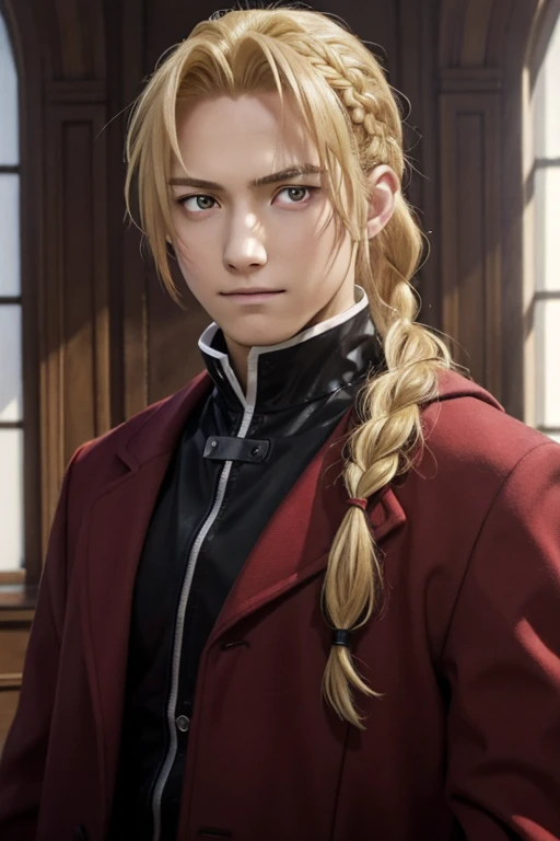 masterpiece, best quality, wallpaper, 1boy, solo, male focus, looking at viewer, realistic, [[edward_elric|blonde ikemen]:edward_elric:16]blonde hair, yellow eyes, braid, single braid, braided ponytail, single mechanical arm, 32k resolution, (upper body:1.5), black clothes, red coat