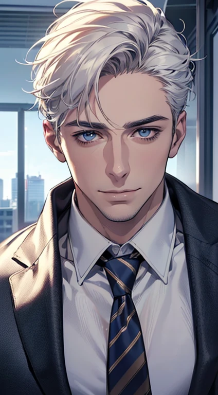 (best quality,4k,8k,highres,masterpiece:1.2),ultra-detailed,(realistic,photorealistic,photo-realistic:1.37),1 man,31 years old,mature man,very handsome,without expression,smile,short white hair,blue eyes,penetrating gaze,perfect face without errors,imposing posture,businessman,office background,cinematic lighting,hdr image