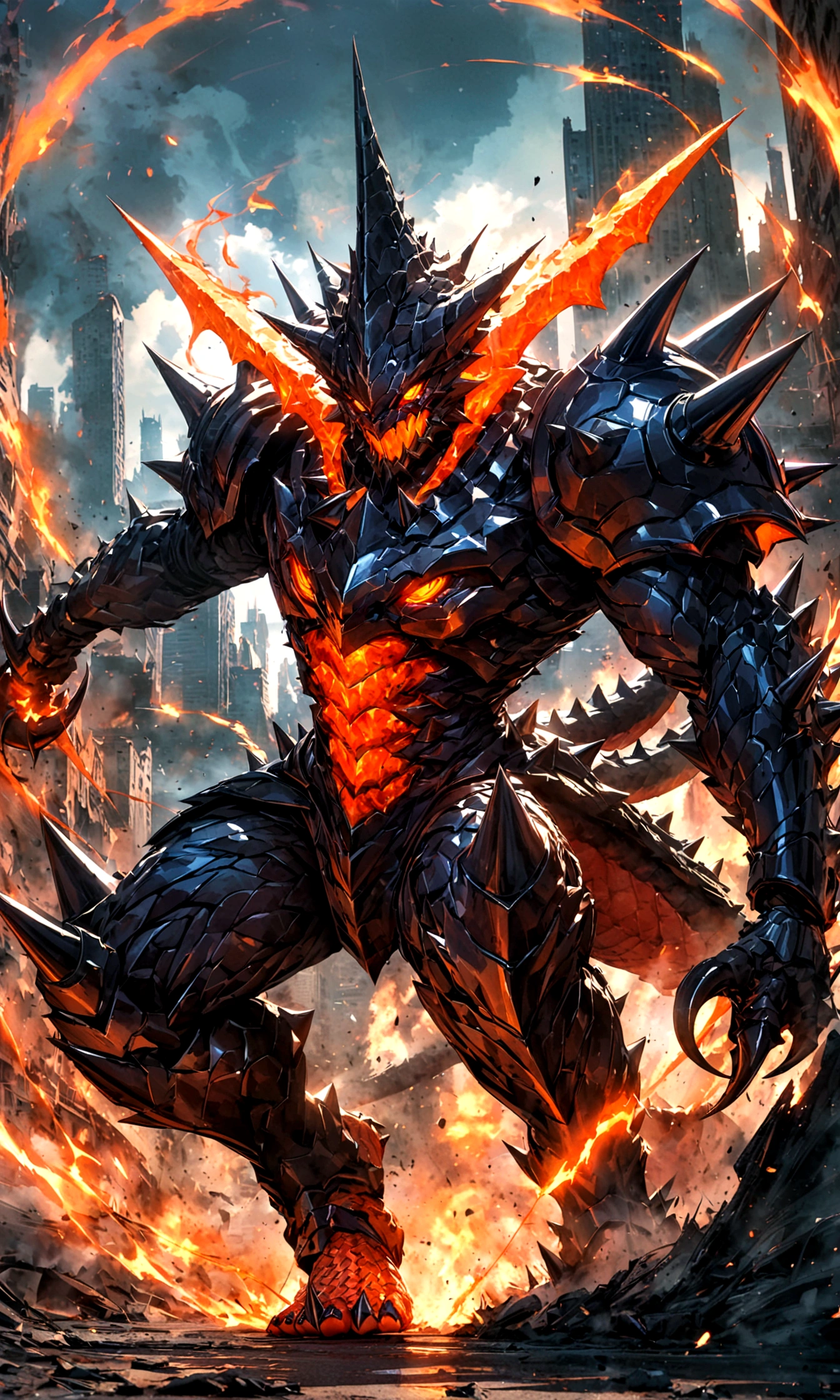 Kaiju form of a human, sharp, obsidian-like plates that overlap like armor reptilian head, obsidian spikes running from the forehead to the back of the neck. Four glowing amber eyes, arms with massive claws and blades, feet have three large, taloned toes, A long, whip-like tail ending in a mace-like cluster of obsidian spike, orange lines and aura in between armor. HD. city background destroyed. ultra HD, masterpiece, 4k, 8k
