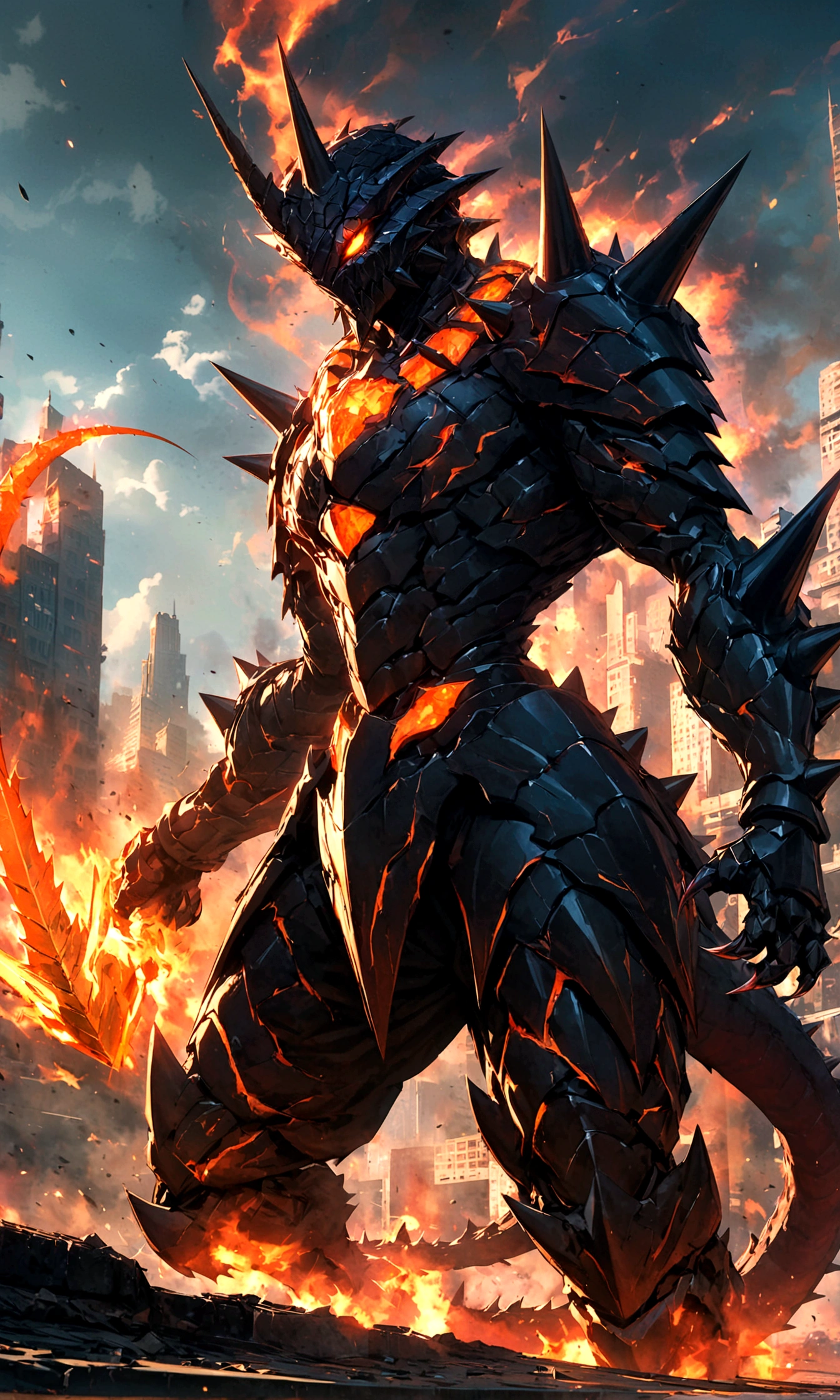 Kaiju form of a human, sharp, obsidian-like plates that overlap like armor reptilian head, obsidian spikes running from the forehead to the back of the neck. Four glowing amber eyes, arms with massive claws and blades, feet have three large, taloned toes, A long, whip-like tail ending in a mace-like cluster of obsidian spike, orange lines and aura in between armor. HD. city background destroyed. ultra HD, masterpiece, 4k, 8k