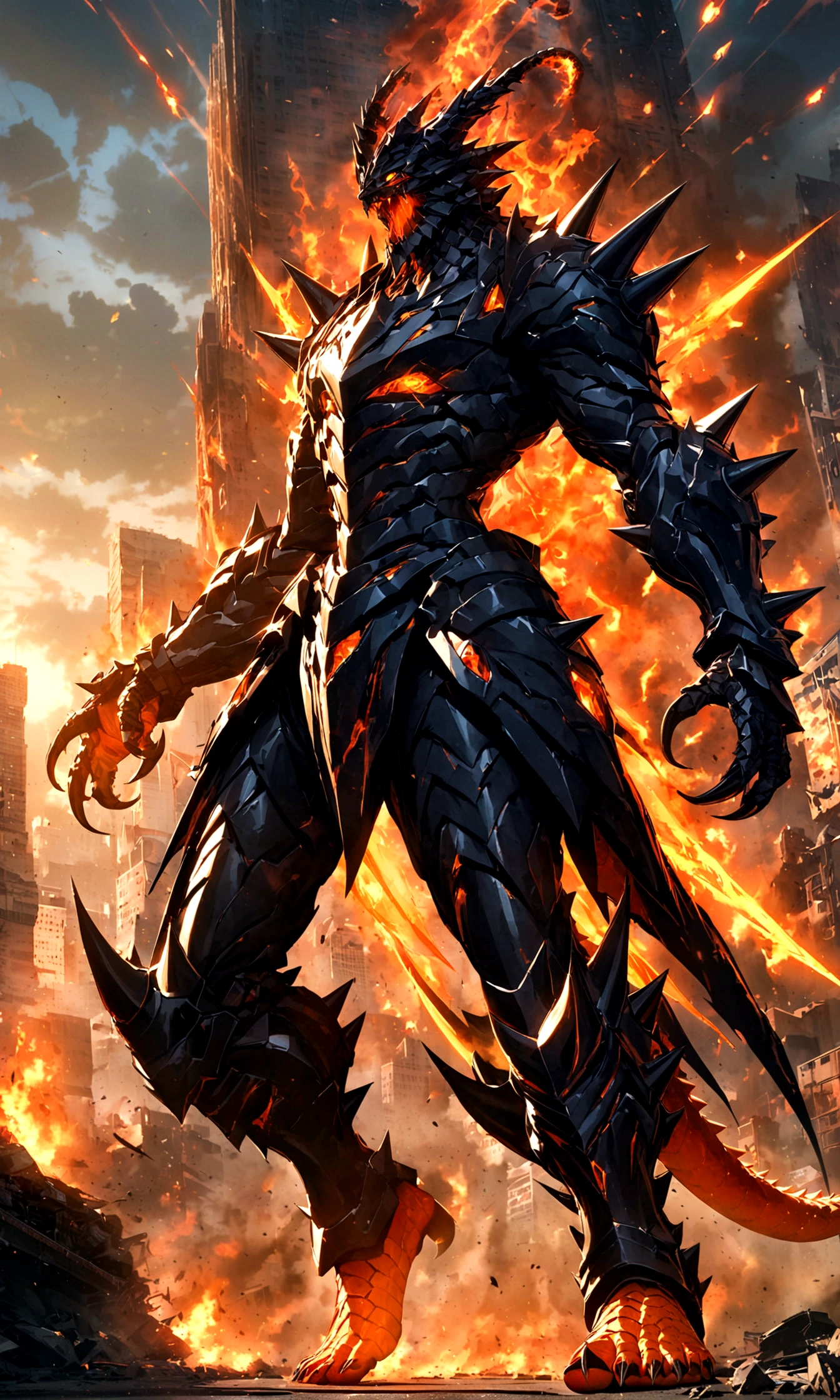 Kaiju form of a human, sharp, obsidian-like plates that overlap like armor reptilian head, obsidian spikes running from the forehead to the back of the neck. Four glowing amber eyes, arms with massive claws and blades, feet have three large, taloned toes, A long, whip-like tail ending in a mace-like cluster of obsidian spike, orange lines and aura in between armor. HD. city background destroyed. ultra HD, masterpiece, 4k, 8k