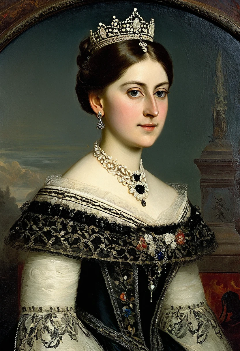 [ceremonial portrait]: charming young Queen Alexandra Pavlovna of Hungary, a slight mysterious smile from the shoulder, a dress with embroidered patterns, first half 19 century,(Adolf Piot style)), The dark Renaissance, (fog, very scuffing), ((palette/oil painting palette knife)), ((masterpiece)), single shot, impression:1.2, extreme detail, perspective:1.33, 8k