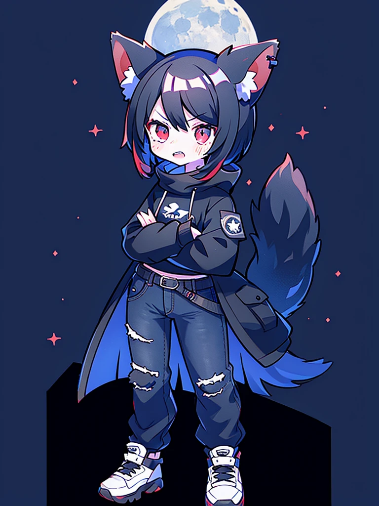 Wolf, tough, crossed arms, standing, emo, angry, night time, nightmare, goth, tomboy, moon background, black, dark red, dark red eyes, long gray wriped jeans, black and white sneakers, wearing her jacket around her waist, sharped teeth, gray wolf tail