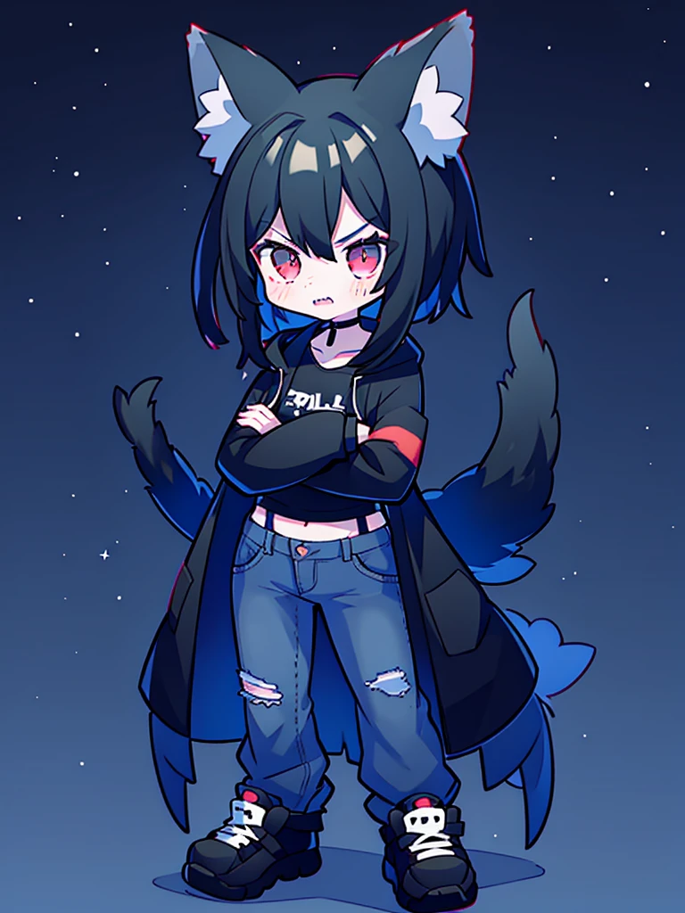Wolf, tough, crossed arms, standing, emo, angry, night time, nightmare, goth, tomboy, moon background, black, dark red, dark red eyes, long gray wriped jeans, black and white sneakers, wearing her jacket around her waist, sharped teeth, gray wolf tail