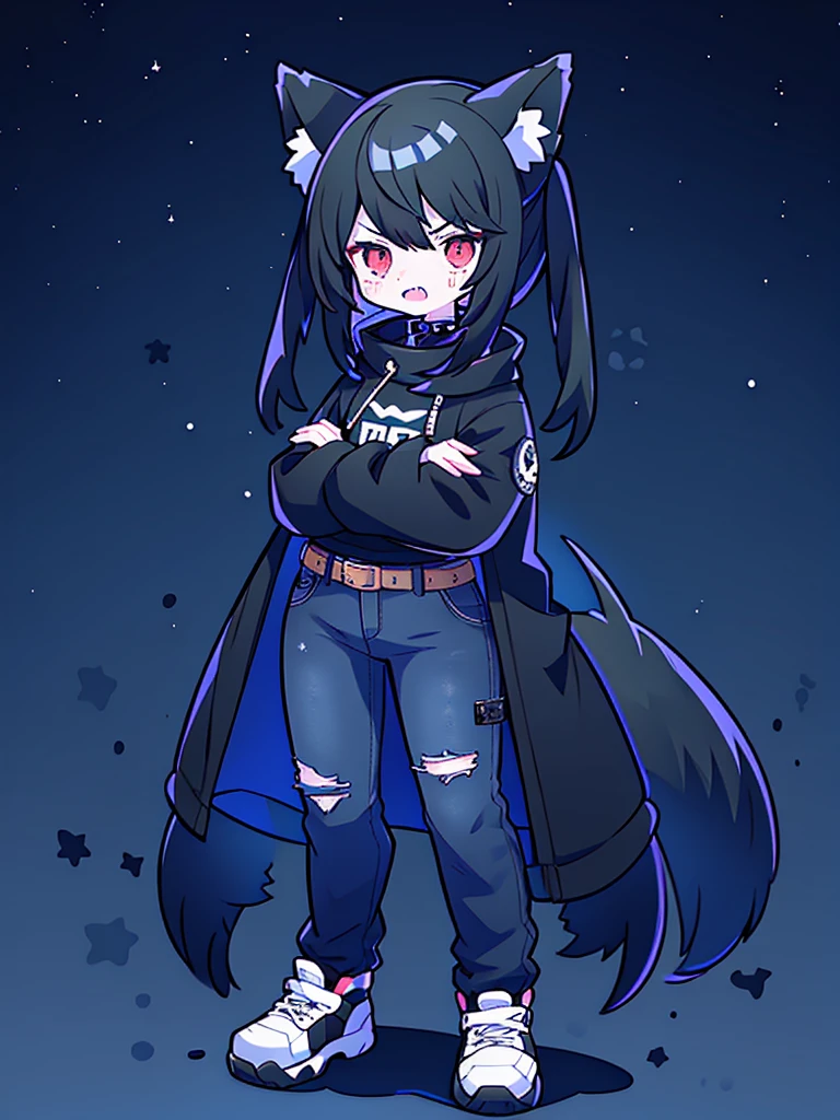 Wolf, tough, crossed arms, standing, emo, angry, night time, nightmare, goth, tomboy, moon background, black, dark red, dark red eyes, long gray wriped jeans, black and white sneakers, wearing her jacket around her waist, sharped teeth, gray wolf tail