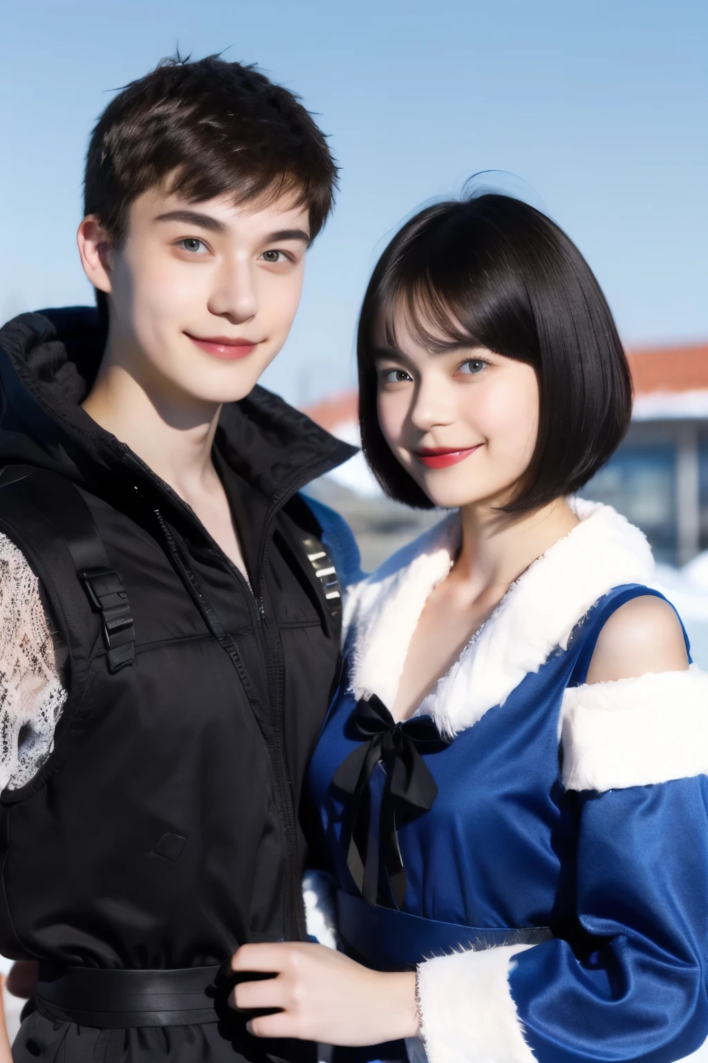 248 (An 18-year-old female and an 18-year-old male), (short hair),kind, lipstick, Finnish national costume, smile