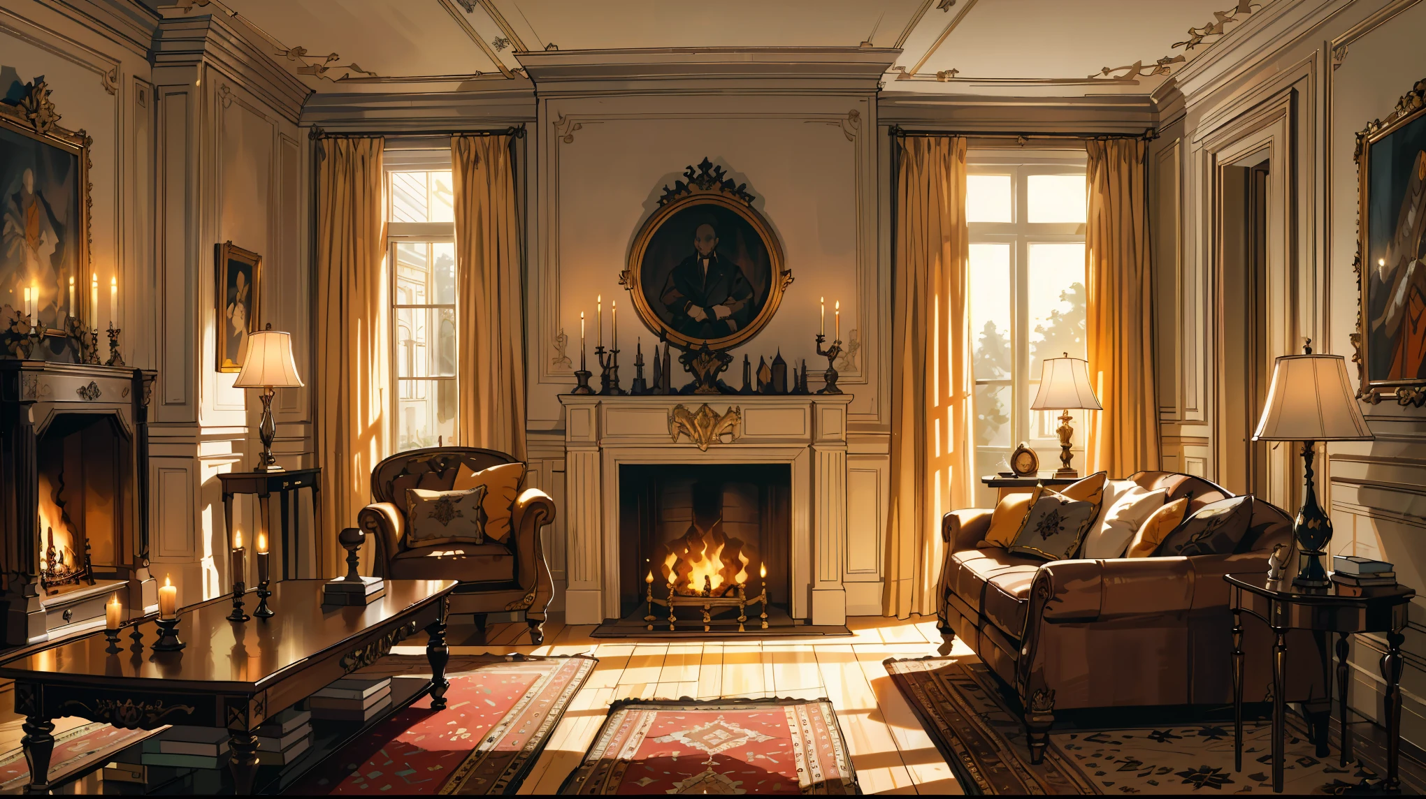 Interior, victorian Manor with reliquies, (((Nigth))), (((moonligth enters the living room))) soft pale orange palette, soft secundary exterior ligth,the wooden floor,，, glowing, best quality, high details,  epic, dramatic, cinematic lighting,  detailed textures, (masterpiece, best quality:1.2)