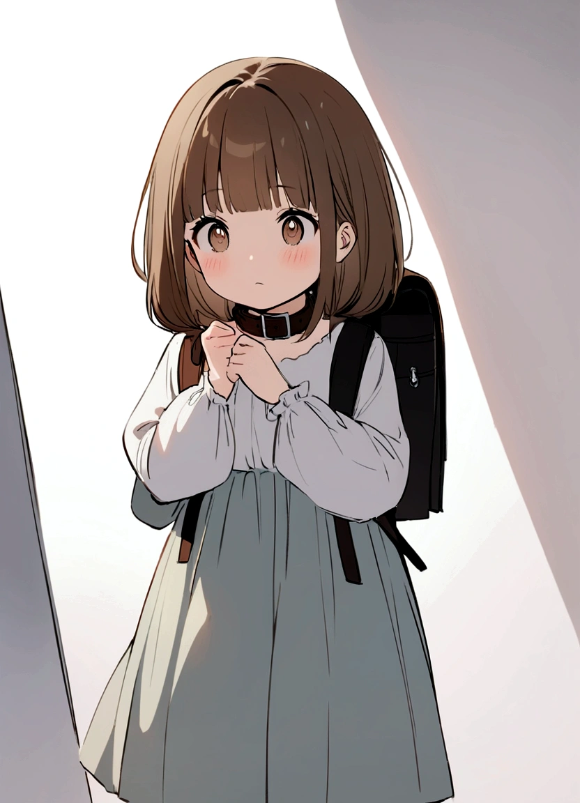 "A digital illustration of a young girl with a cute, innocent expression. She has shoulder-length, straight brown hair with bangs and large, expressive eyes. The girl is wearing a loose, light-colored blouse with three-quarter sleeves and a black ribbon tied at the collar. Her skirt is dark and short, and she has a backpack slung over one shoulder. The background is a simple, solid light gray color.
