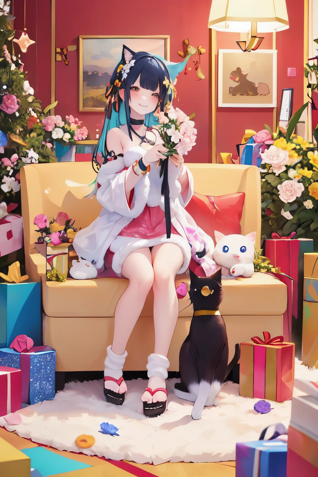 ((Highest quality)), ((masterpiece)), (detailed), Instructions for Creating the 5 Images
2nd Image
A vertical, full-color illustration of the same cat idol backstage in a dressing room. The cat is receiving flowers and gifts from staff members. The cat is smiling warmly, with a cozy and well-decorated dressing room in the background filled with various presents and decorations.