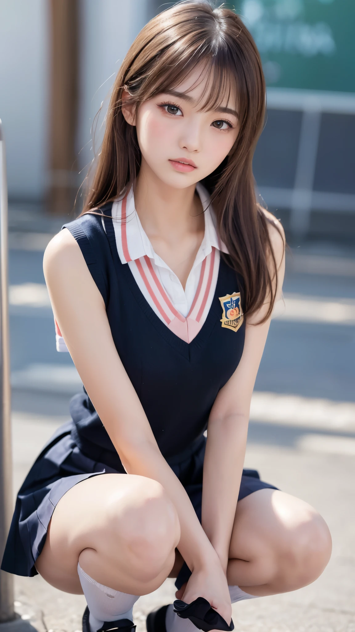 RAW photo, extremely delicate and beautiful, masterpiece, Best Quality, ultra high resolution, 16k, hyperrealistic, ultra-detailed, Very detailed CG 8k wallpaper, Beautiful Lighting, Perfect Lightning, Realistic Shadows, perfect anatomy, super Detailed shiny skin, perfect figure, Japanese woman, late 20s, very Slim body, narrow waist, very small head, handsome detailed woman, very detailed eyes and face, realistic face proportions, Stunning detailed eyes, Realistic beautiful face, very small face, Realistic small beautiful eyes, double eyelids, makeup, tearful mole, mole on chest, earring, bare legs, beautiful and very thin legs, beautiful and very thin thighs, sleeveless, (very huge round breasts), ((full body shot)), (short hair), wavy hair, (((school uniform, school uniform shirt))),