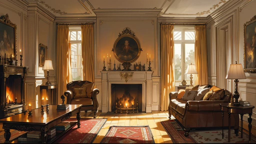 Interior, victorian Manor with reliquies, (((Nigth))), (((moonligth enters the living room))) soft pale orange palette, soft secundary exterior ligth,the wooden floor,,, glowing, best quality, high details, epic, dramatic, cinematic lighting, detailed textures, (masterpiece, best quality:1.2)