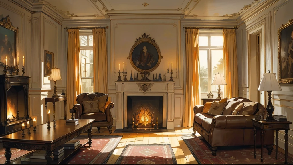 Interior, victorian Manor with reliquies, (((Nigth))), (((moonligth enters the living room))) soft pale orange palette, soft secundary exterior ligth,the wooden floor,，, glowing, best quality, high details,  epic, dramatic, cinematic lighting,  detailed textures, (masterpiece, best quality:1.2)