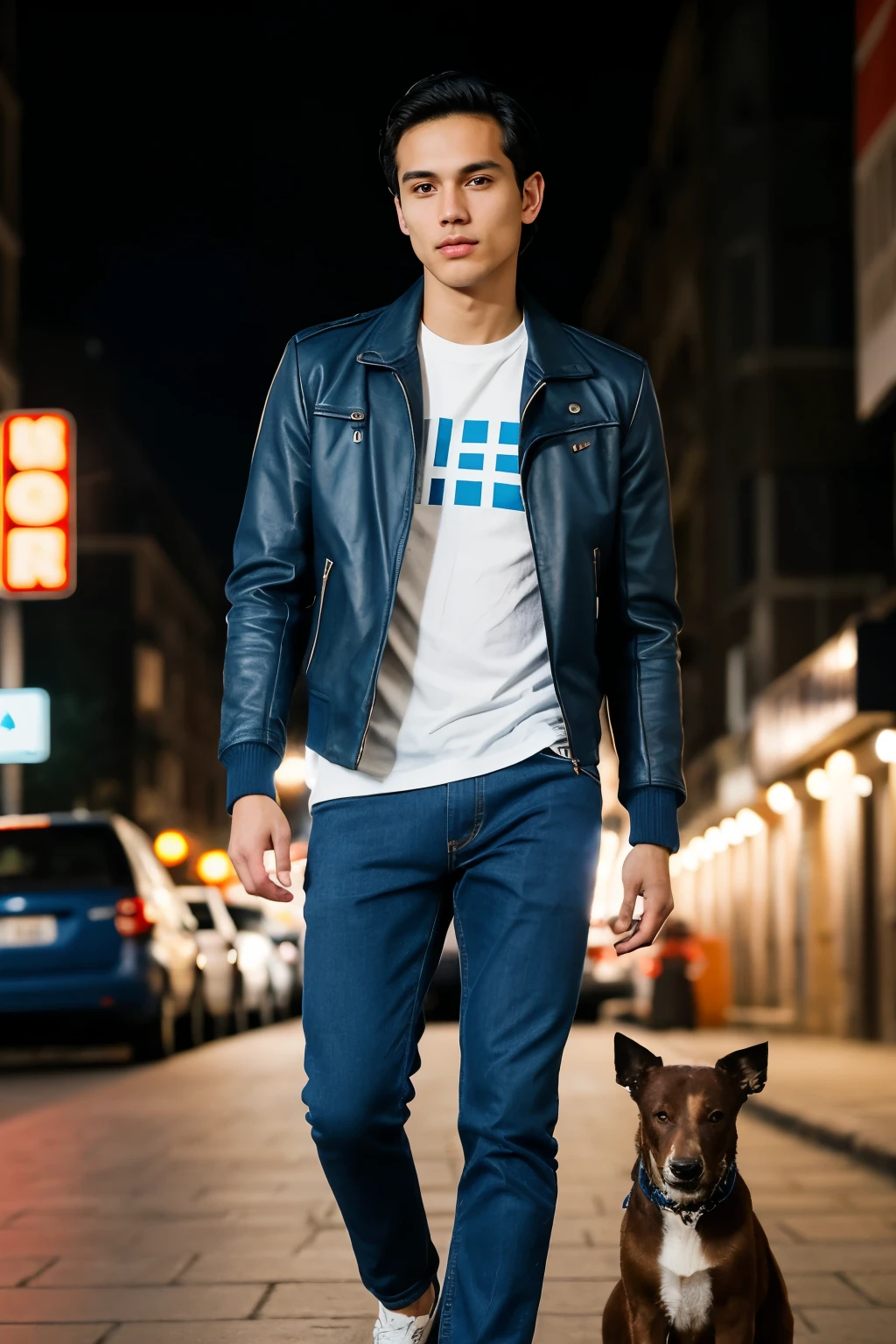 young man of 27 years old lonely and shy standing tall 1.73, big brown eyes, oval head, prominent cheekbones and light brown complexion, black hair, blue T-shirt, blue pants and dark blue shoes with a red leather jacket walking with a small white-haired street dog with brown spots and pointed ears through a city illuminated at night