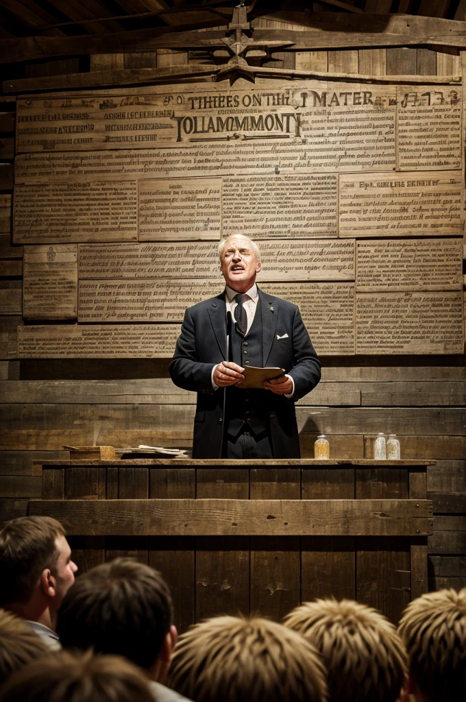 Squealer, with a stack of altered Seven Commandments, addressing a crowd of confused and disheartened animals. The barn wall behind him shows the original Commandments fading into the new, revised versions that justify Napoleon's actions.