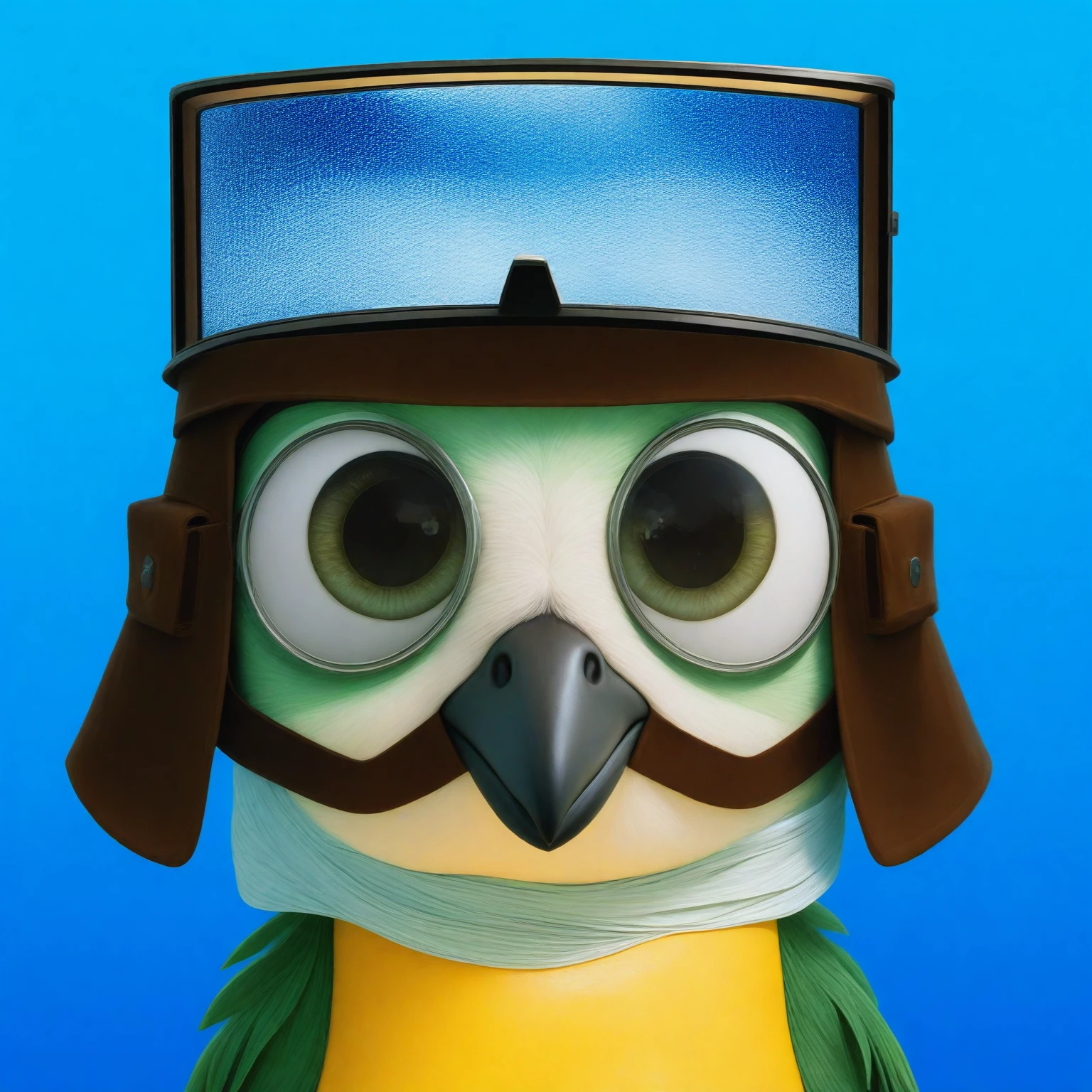 A charming cartoon bird character with large, sparkling eyes looking directly at us. The bird has a green and white face with a prominent big black beak. It wears a brown aviator's helmet with detailed straps and buckles, and large, square, reflective goggles, but these are positioned on top of the bird's head rather than being worn properly. The background is a simple, solid white, highlighting the character and adding to the adventurous feel of the image. The art style is vibrant and expressive, capturing a sense of excitement and playfulnessmultiple light sources, rim light, sharp post effects render, perfect cgi, smooth silhouette, high intensity refraction, most beautiful vfx, realistic, 4k, high resolution, rim light, smooth 3d model