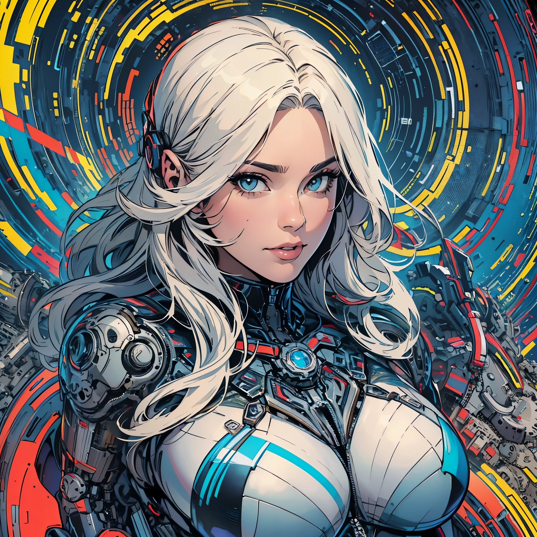 (((ultimate best quality))),((((solo:1.2)))),((((1girl:1.2)))),((((beautiful perfect woman)))),(((detailed perfect body, detailed perfect finger))),((((((ultimate movie poster)))))),(((bust up, close up))),((((detailed complicated machine)))),(((((genius mechanical))))),(((American comics))),(((extreme highlights))),(((Extremely colorful, primary colors))),(cleavage),(super beautiful lady),(((typography))),(((((various angles)))))