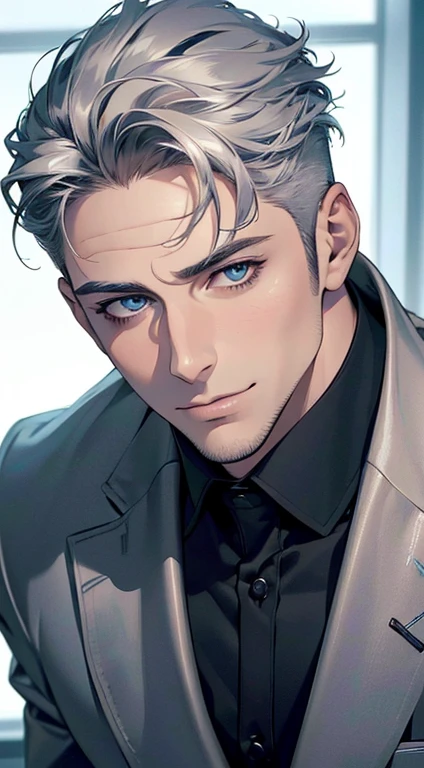 (best quality,4k,8k,highres,masterpiece:1.2),ultra-detailed,(realistic,photorealistic,photo-realistic:1.37),1 man,31 years old,mature man,very handsome,without expression,smile,short silver hair,blue eyes,penetrating gaze,perfect face without errors,imposing posture,businessman,office background,cinematic lighting,hdr image