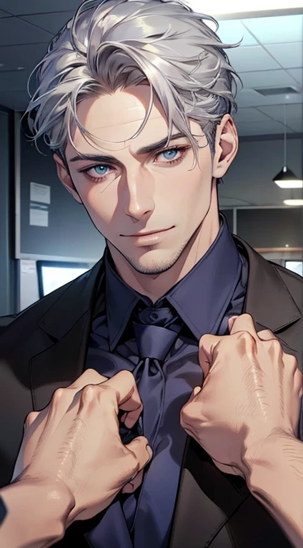 (best quality,4k,8k,highres,masterpiece:1.2),ultra-detailed,(realistic,photorealistic,photo-realistic:1.37),1 man,31 years old,mature man,very handsome,without expression,smile,short silver hair,blue eyes,penetrating gaze,perfect face without errors,imposing posture,businessman,office background,cinematic lighting,hdr image