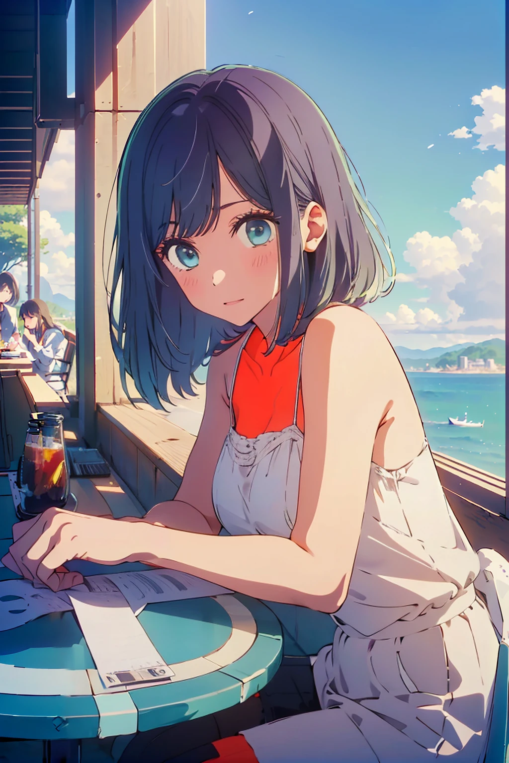 (Highest quality:1.4、masterpiece:1.4、Super detailed:1.4、Ultra-high resolution:1.4、8K:1.4)、F cup bust、Big Breasts、Slim body、((((1 person、Surprised expression、sit、Chair、In the background are the urban buildings of Tokyo、looking at the camera、Outdoor café terrace、coastal、juice、Shooting from an angle、table、Very cute face))))、(Pose with hands tucked behind ears:1.4、Cheek resting on hand:1.4)、((nude、very beautiful areola))、camisole、Very blue sky、A completely cloudless sky