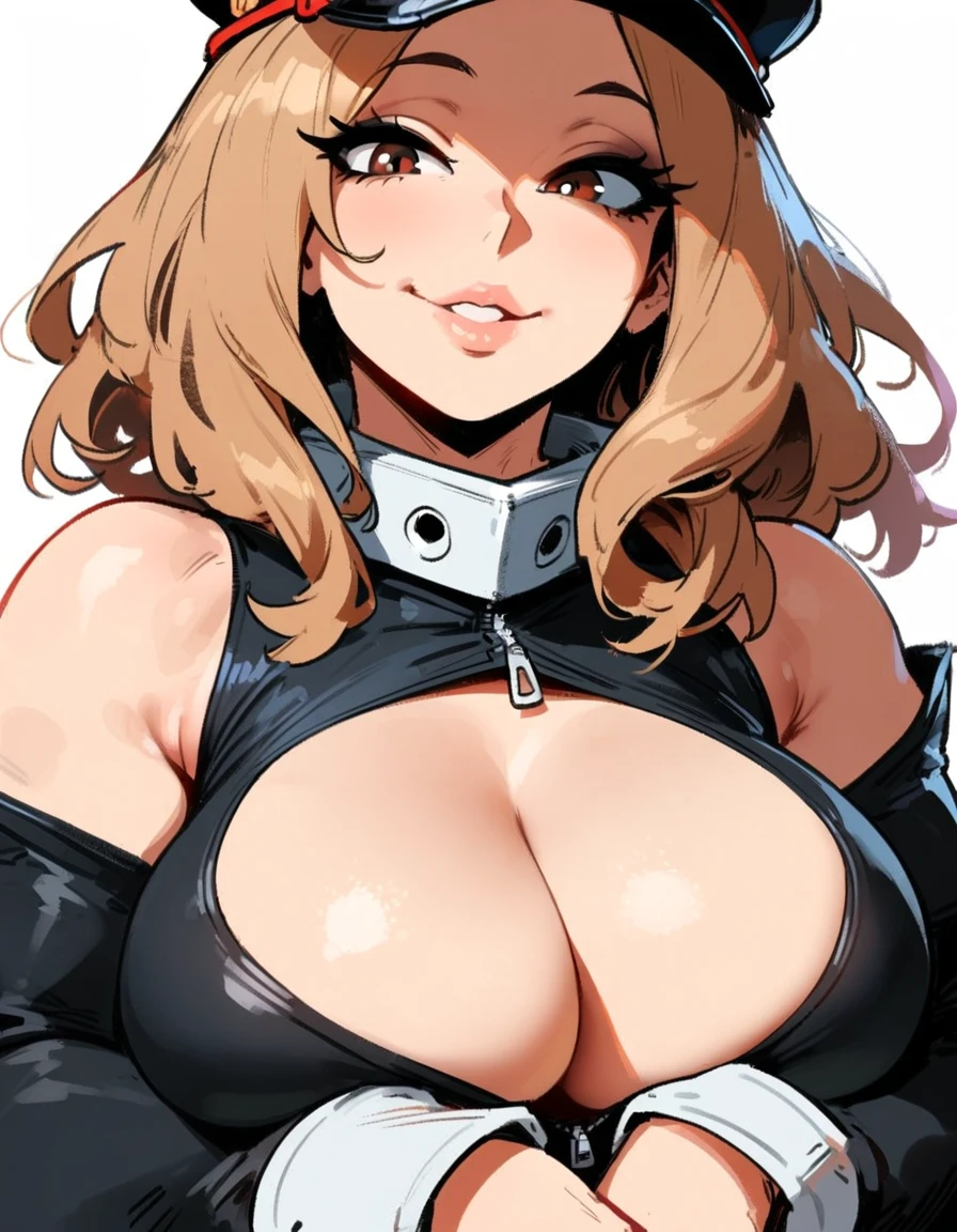 1girl, utsushimi kemii, boku no hero academia \\\\\ masterpiece, best quality, very aesthetic, absurdres, newest \\\\\\ slim body,///// ,by nyantcha,cutesexyrobutts , by khyle,,////// beautiful face,  light brown hair  ,plump and glossy lips, , looking at viewer, close-up, dark brown eyes,, cap,  black catsuit with blending patterned lines and a zipper running down the middle, left slightly down to reveal her cleavage. She wears white cuffs around her wrists,smile,standing, white background
