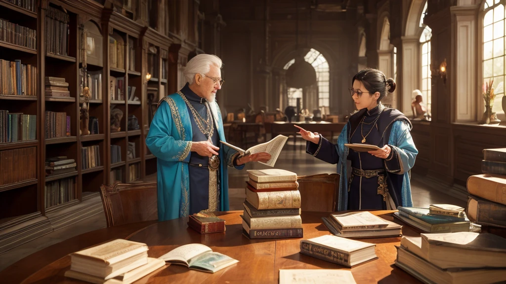 The elder reveals the truth to the hero. They are in a futuristic library-like setting. The elder is showing an ancient book to the hero, who looks surprised. The background features countless holographic books floating in the air, symbolizing the depth of knowledge.
