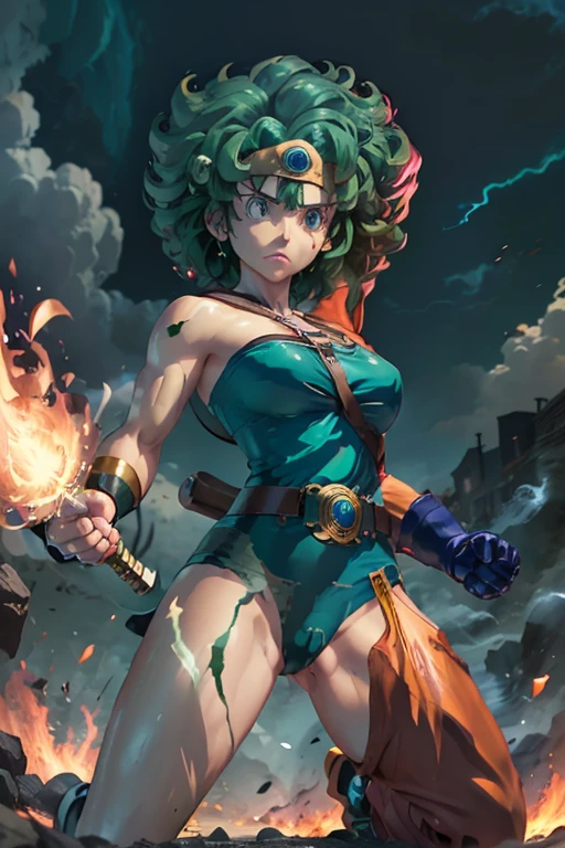 Anime Artwork Anime Artwork Masterpiece,most、high quality, Unreal Engine, Ultra-high resolution, Very detailed丸い胸, 1 person with medium chest,  Waist, thin,(Muscular:0.9)
 heroine, 
Circlet, Curly Hair, Green Hair, short hair, Asymmetrical clothing, leotard, belt, One-handed gloves, Single Sleeve, Single Thigh High Cave, Holding a sword, . Anime Style, Key Visual, Vibrant, Studio Anime,  Very detailed、be attacked by fire by the enemy.　I'm running out of life. ragged equipment. kneel on one knee. raise one's hands.be crucified.