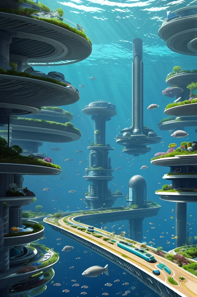 "Create an image of a futuristic underwater city, showcasing innovative architecture and sustainable living practices. Include futuristic transportation methods like underwater trains or vehicles, and show how the city integrates with the surrounding marine environment, with marine life coexisting harmoniously with human inhabitants."