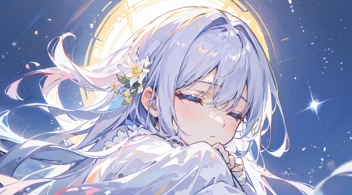 soft, Flowing hair, Wear White, Flowing, Long clothes, No accessories included, profile, Sitting on a fluffy cloud. The artwork is soft, Pastel colours mixed with blue, yellow, pink. Images should be of the highest quality, Ultra-detailed, Realistic, and photoRealistic. The art style should focus on portraiture. The lighting creates a calm atmosphere, Dreamy atmosphere.The girl closes her eyes and embraces the bright, shining star.