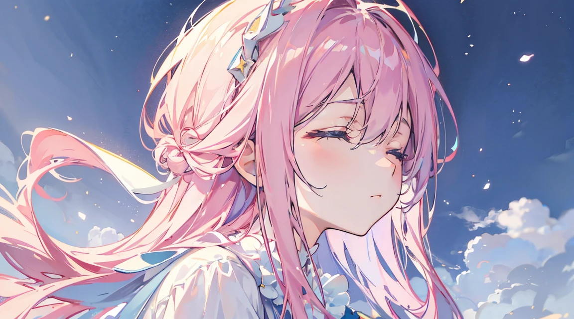 soft, Flowing hair, Wear White, Flowing, Long clothes, No accessories included, profile, Sitting on a fluffy cloud. The artwork is soft, Pastel colours mixed with blue, yellow, pink. Images should be of the highest quality, Ultra-detailed, Realistic, and photoRealistic. The art style should focus on portraiture. The lighting creates a calm atmosphere, Dreamy atmosphere.The girl closes her eyes and embraces the bright, shining star.