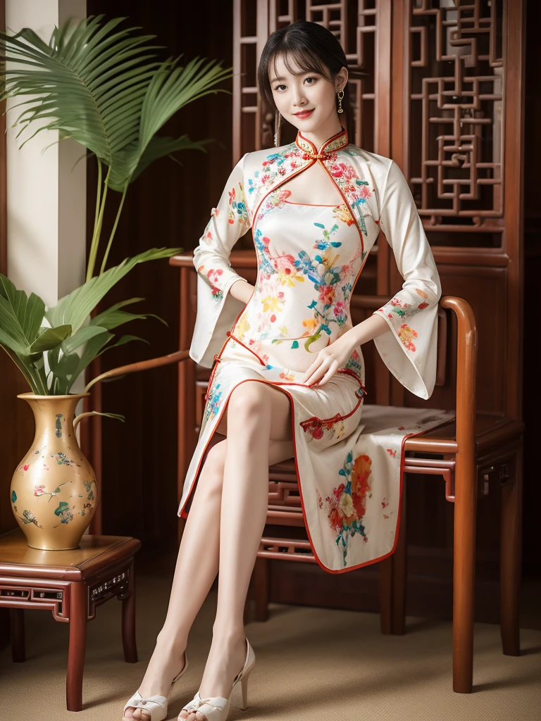 light, Ray Tracing, Film Grain, Depth of Field, Ultra HD, masterpiece, best quality, Super Detail, The award-winning, high resolution, High Detail, Real human skin, Natural skin texture, 1 Girl, Oval face, cheongsam, whole body,Big breasts,indoor, (((Show your thighs))), Bare thighs, Beautiful legs, ((Chest)), Full figure, whole body, kiss, ((Colorful Chinese Clothing)), sit在地上, Smile, High heel, (sit:1.3), Chinese furniture, vase, Sense of space, Face lighting, Depth of Field, Natural light, Flowers, plant, Art Deco Design,