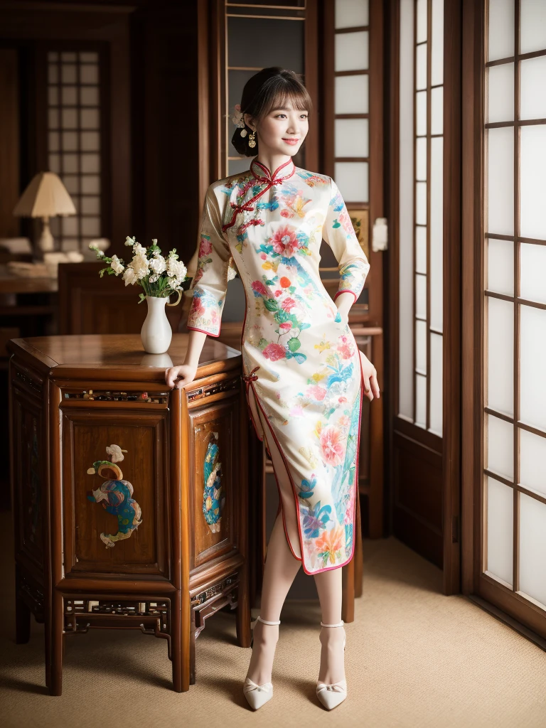 light, Ray Tracing, Film Grain, Depth of Field, Ultra HD, masterpiece, best quality, Super Detail, The award-winning, high resolution, High Detail, Real human skin, Natural skin texture, 1 Girl, Oval face, cheongsam, whole body,Big breasts,indoor, (((Show your thighs))), Bare thighs, Beautiful legs, ((Chest)), Full figure, whole body, kiss, ((Colorful Chinese Clothing)), sit在地上, Smile, High heel, (sit:1.3), Chinese furniture, vase, Sense of space, Face lighting, Depth of Field, Natural light, Flowers, plant, Art Deco Design,