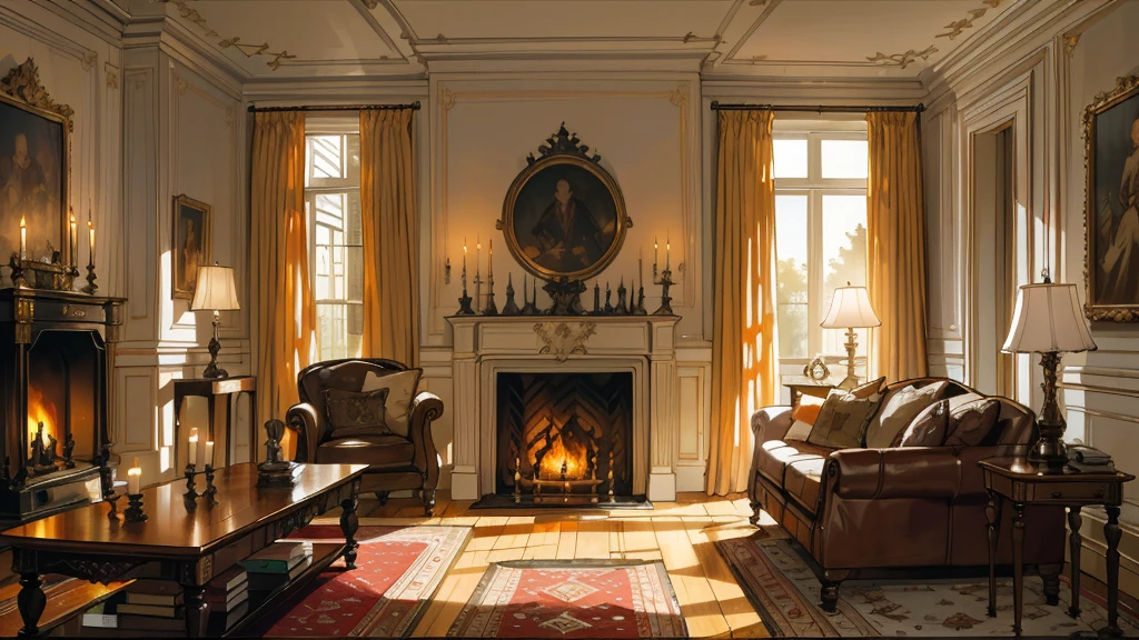 Interior, victorian Manor with reliquies, (((Nigth))), (((moonligth enters the living room))) soft pale orange palette, soft secundary exterior ligth,the wooden floor,,, glowing, best quality, high details, epic, dramatic, cinematic lighting, detailed textures, (masterpiece, best quality:1.2)