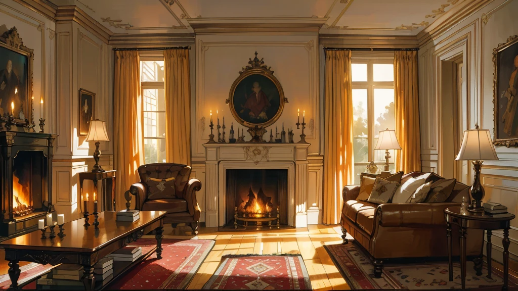 Interior, victorian Manor with reliquies, (((Nigth))), (((moonligth enters the living room))) soft pale orange palette, soft secundary exterior ligth,the wooden floor,，, glowing, best quality, high details,  epic, dramatic, cinematic lighting,  detailed textures, (masterpiece, best quality:1.2)