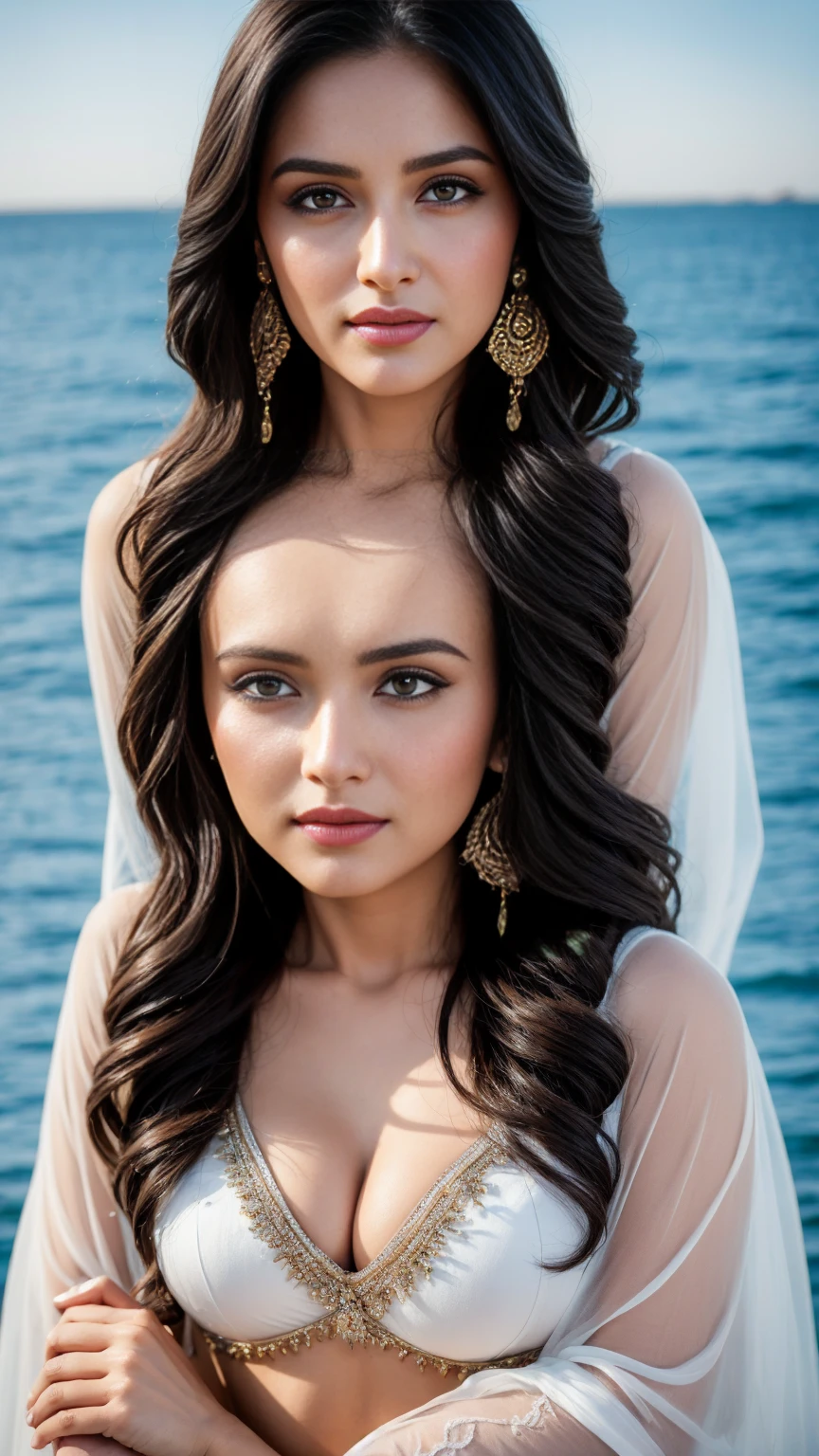 full portrait of A confident-looking indian woman with long flowing hair, hazel eyes, with flowing cape and white silk saree, wearing designer jewellery, tight breast, sitting on boat, ocean background, bokeh, perfect composition, hyperrealistic, super detailed, 8k, high quality, trending art, trending on artstation, sharp focus, outdoor photo shoot, intricate details, highly detailed, art by greg rutkowski