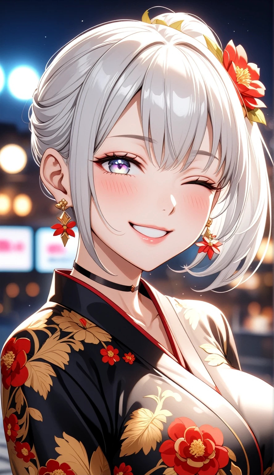 (One personの女性)), Beautiful Face, (Laughing embarrassedly), ((seductive smile:1.3)), ((Wink:2.1)), Laugh with your mouth wide open,((Bright red cheeks:1.4)),Shiny red lips, night,rooftop,Festivals, firework,Glossy red lips,Facial lighting,((Anime style background)),masterpiece, Highest quality, so beautiful,up to date, Complex details, (Pink long nails), (ring),(bracelet),(choker),AI-generated, Complex,High resolution, Highest quality, super high quality,3D Images、3D Images,One person,Long white hair in a high side ponytail,(blue eyes), ((Fine grain、Silvery white colorful eyes、Shining Eyes:1.4)), (Squint your eyes:1.1), 写真のポーズをとるAnime Women, a hyperRealistic , hyperRealistic , Realistic,Anime Women, Smooth anime CG art, A woman in a colorful kimono with gold embroidery, (Black long sleeve kimono), Red floral pattern,Long flower hair ornament,Earrings,Mature Body,(Big Breasts:1.1),Tall,Narrow waist,(Zoom in on face:1.5),(Tilted Background),
