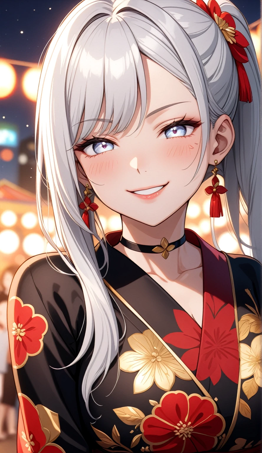 (One personの女性)), Beautiful Face, (Laughing embarrassedly), ((seductive smile:1.3)), ((Wink:2.1)), Laugh with your mouth wide open,((Bright red cheeks:1.4)),Shiny red lips, night,rooftop,Festivals, firework,Glossy red lips,Facial lighting,((Anime style background)),masterpiece, Highest quality, so beautiful,up to date, Complex details, (Pink long nails), (ring),(bracelet),(choker),AI-generated, Complex,High resolution, Highest quality, super high quality,3D Images、3D Images,One person,Long white hair in a high side ponytail,(blue eyes), ((Fine grain、Silvery white colorful eyes、Shining Eyes:1.4)), (Squint your eyes:1.1), 写真のポーズをとるAnime Women, a hyperRealistic , hyperRealistic , Realistic,Anime Women, Smooth anime CG art, A woman in a colorful kimono with gold embroidery, (Black long sleeve kimono), Red floral pattern,Long flower hair ornament,Earrings,Mature Body,(Big Breasts:1.1),Tall,Narrow waist,(Zoom in on face:1.5),(Tilted Background),