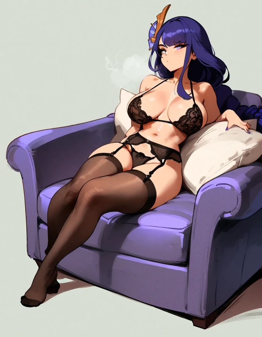1girl, raiden shogun, genshin impact //// masterpiece, best quality, very aesthetic, absurdres, newest, ///// by nyantcha, cutesexyrobutts,by khyle, ///// perfect anatomy, perfect body, ///// purple hair, , big tits, , full body, hair ornament, , , , ,black lingerie, garter belt, stockings, black openwork bra, ,, white background,sit in sofa