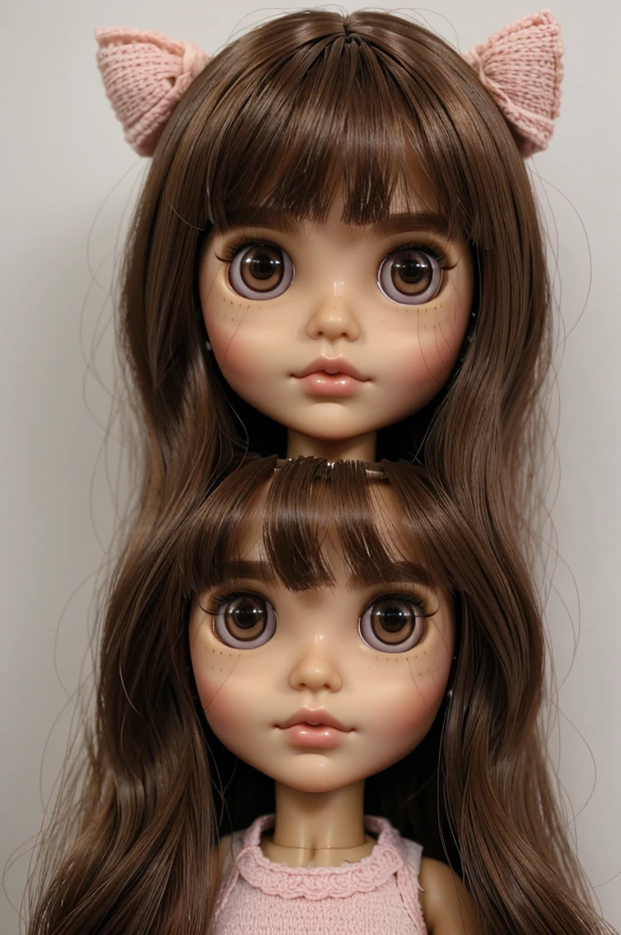 a close up of a blythe doll with tan skin, big brown eyes, dark brown straight hair (a bit lighter at then ends), bangs, nostril piercing and soft pink cheeks and lips