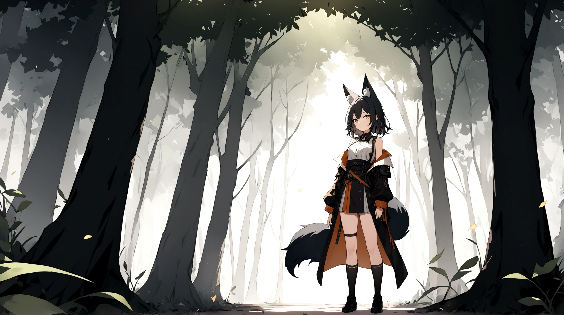 (1girl, Masterpiece, best quality) (detailed and beautiful eyes:1.6) (perfect hands, perfect anatomy) ((full body)) ((Make her look as Adult)) fox-girl Misaki has ((short black hair styled in a slightly tousled manner and her fox ears are perked up attentively.)) (She wears a black fantasy, adventurer leather coat) Her outfit includes a (high-collared adventurer medium dress with red accents and 3 leather straps, emphasizing a combination of practicality) and elegance. She has a one black, big **fluffy** fox tail. She has a black long over-to-knee socks. Misaki's orange eyes exude a sense of mystery and confidence. Light filtering through the leaves create a serene yet enigmatic atmosphere. Her standing positon showcases her strength, adultness and readiness for battle.
