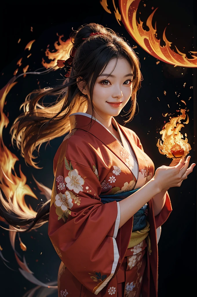 A smiling beautiful woman in a kimono manipulates flames and shoots fireballs against a background of burning flames