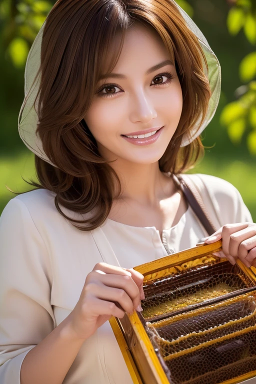 A female beekeeper harvesting honey:1.5,  Dynamic, cinematic photos,(Ultra Realistic, High resolution), (Highly detailed eyes, Highly detailed hair, highly Detailed face, Highly detailed plump lips，Perfect Anatomy),(Highest quality:1.4), (Realistic, photo-Realistic:1.37), Professional photography, Cinematic Light, (Detailed face: 1.2), Waist line, smile