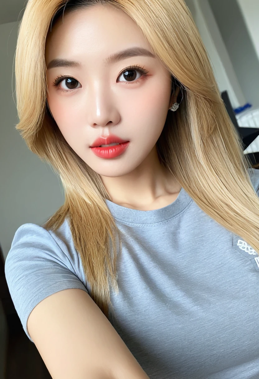Woman, Asian American, very attractive, big lips, blonde highlights, straight hair, big tits, fully clothed, tight baby tee, 