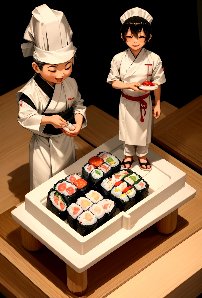 japanese sushi chef, 1 person, chef uniform, standing, top down view, male chef, miniature chef, small people, cute, professional look, adult, happy face, full body