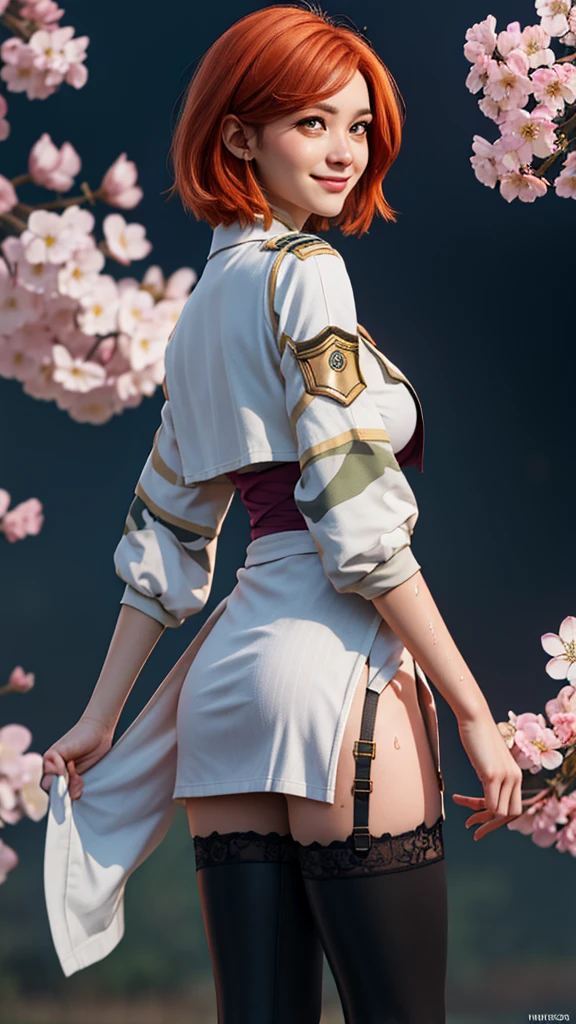 gwen tennyson,tracer,bulma,rebecca chambers,1girl,military uniform,japan, kimono,steel armor,green eyes,garter belt, thigh high boots,short hair,orange hair,moonlight,cherry blossom,shy smile,white striped top,bodycon skirt,freckles,redhead,beautiful girl,large breasts,ultra detailed,realistic,pilot scarf, wet clothes, wet body, from behind,