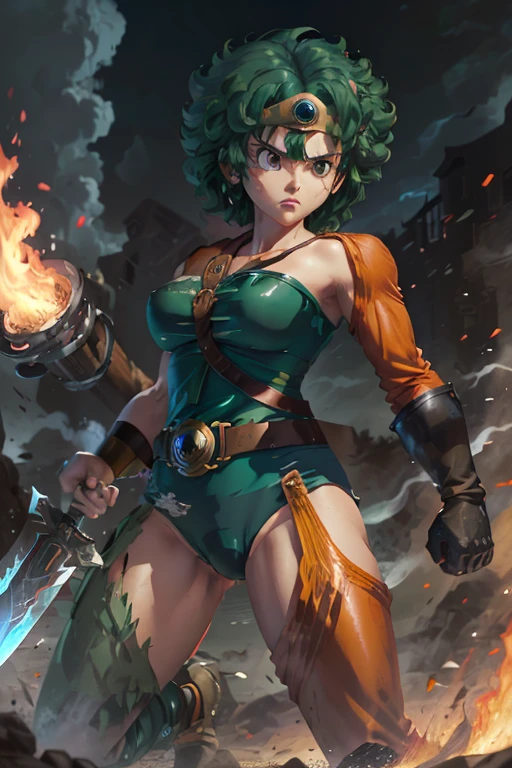 Anime Artwork Anime Artwork Masterpiece,most、high quality, Unreal Engine, Ultra-high resolution, Very detailed丸い胸, 1 person with medium chest,  Waist, thin,(Muscular:0.9)
 heroine, 
Circlet, Curly Hair, Green Hair, short hair, Asymmetrical clothing, leotard, belt, One-handed gloves, Single Sleeve, Single Thigh High Cave, Holding a sword, . Anime Style, Key Visual, Vibrant, Studio Anime,  Very detailed、be attacked by fire by the enemy.　I'm running out of life. ragged equipment. kneel on one knee. raise one's hands.be subjected to a fierce attack.