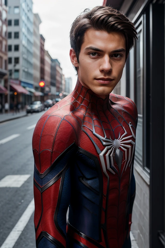 A photograph of spider man, no mask, 20 yo, handsome, detailed face, looking at camera, portrait, 8k uhd, high quality