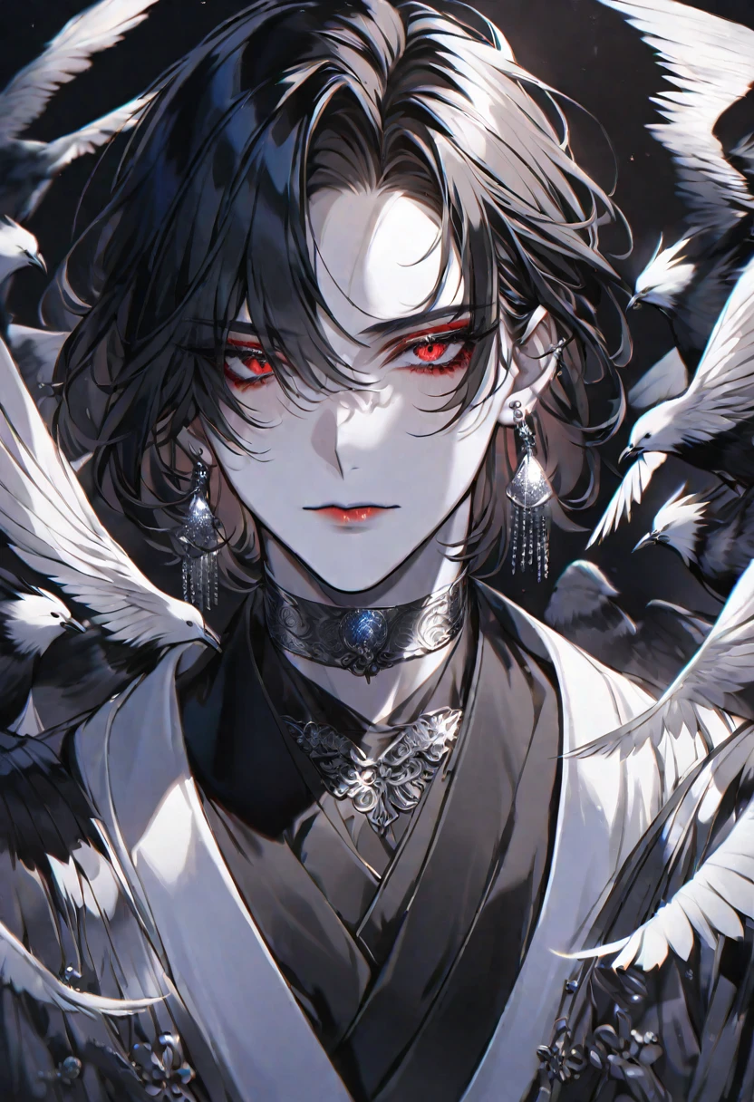 solo, handsome, 
1. male,
hime cut,Straight Hair,Bob Hair, 
black hair, 
Gojo Satoru ,
red Eyes,Soft look,beautiful,beautiful,sexly,Darkness,Lots of silver earrings,choker,devil,
White OVERsize パーカー,
White skin,bird,wing,
black background,