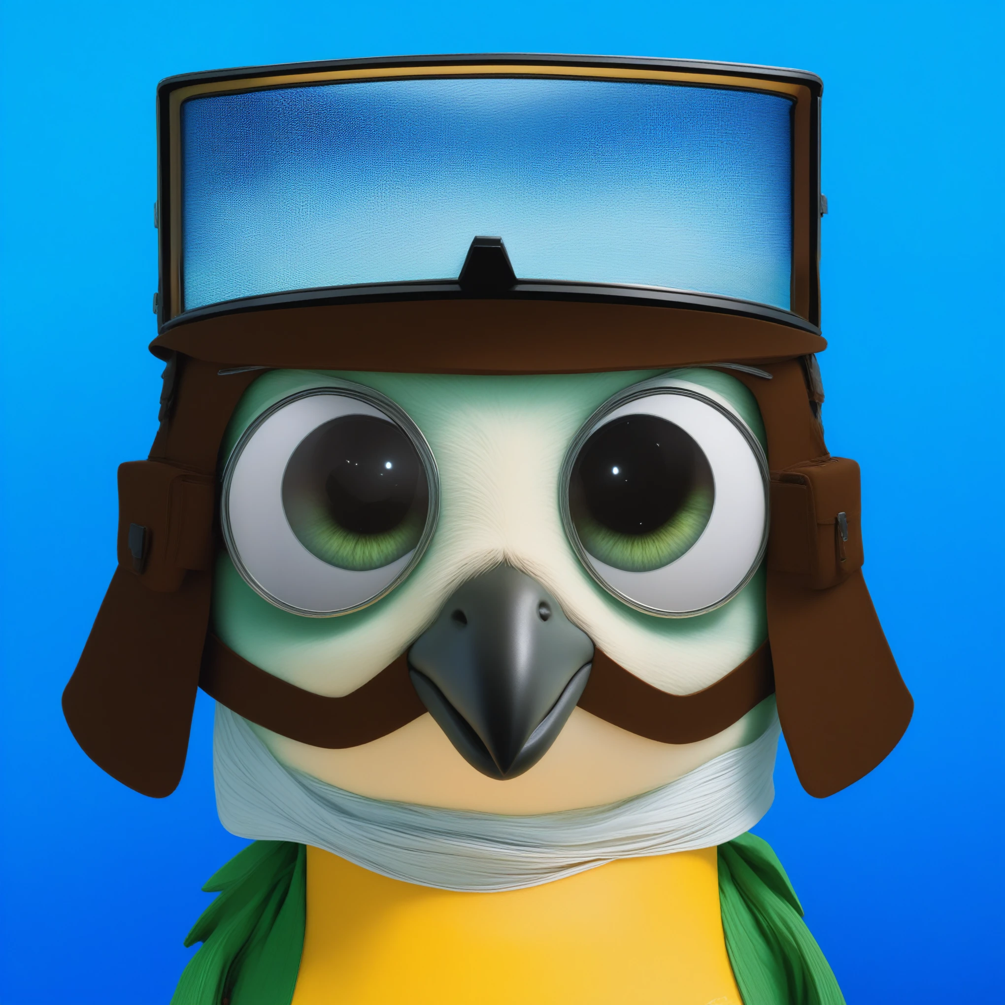 A charming cartoon bird character with large, sparkling eyes looking directly at us. The bird has a green and white face with a prominent big black beak. It wears a brown aviator's helmet with detailed straps and buckles, and large, square, reflective goggles, but these are positioned on top of the bird's head rather than being worn properly. The background is a simple, solid white, highlighting the character and adding to the adventurous feel of the image. The art style is vibrant and expressive, capturing a sense of excitement and playfulnessmultiple light sources, rim light, sharp post effects render, perfect cgi, smooth silhouette, high intensity refraction, most beautiful vfx, realistic, 4k, high resolution, rim light, smooth 3d model